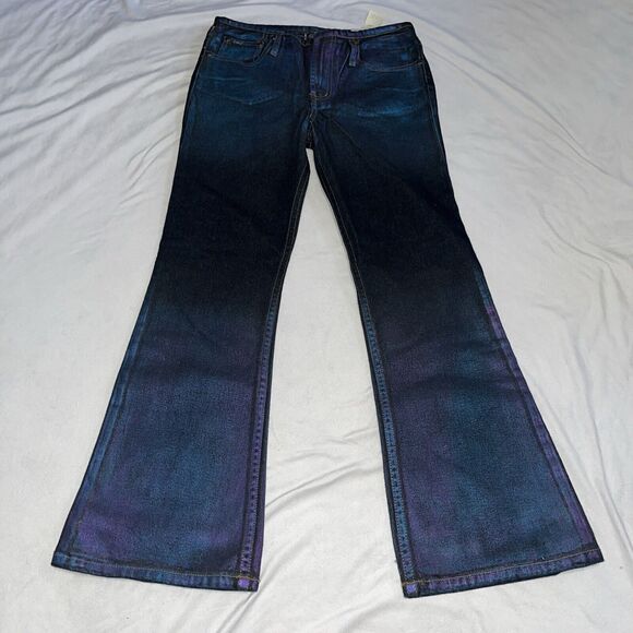 Deadstock Y2K LEI Low Waist Junior Sz 14 Multi Color Spray Painted Jeans Flare - Picture 1 of 16